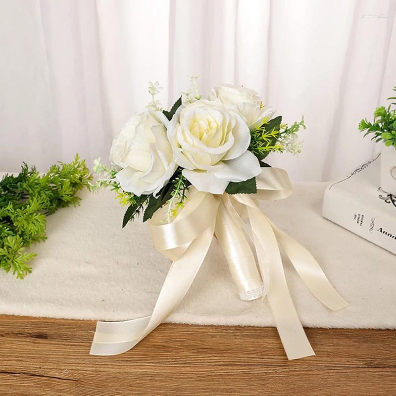 Update Decorative Flowers Silk Wedding Bouquets Holding Artificial Natural Rose Bouquet White Champagne Bridesmaid Bridal Party