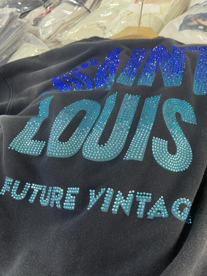 Men's Hoodies 25SS Rhinestone O-Neck Long Sleeve Pullover Men Women Vintage Washed Black Cotton Sweatshirt