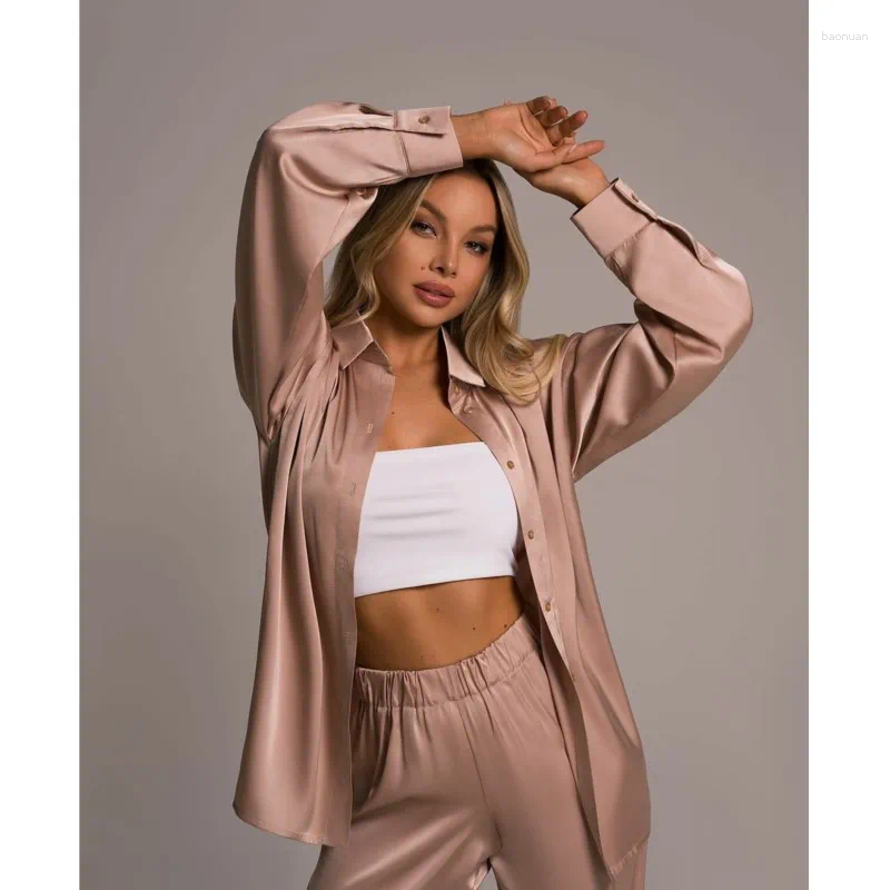 Women's Two Piece Pants Spring And Summer Lady Long Set Elegant Satin Silk Sleeved Loose Shirt Wide Leg Two-piece Women Outerwear