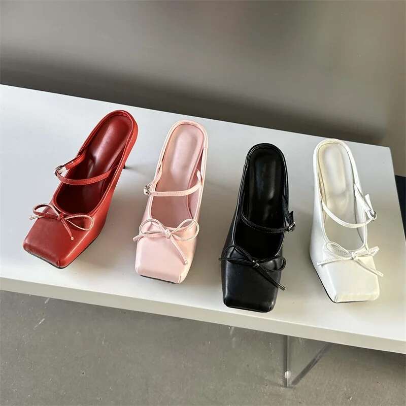 Spring Bowknot Square Toe Women Slippers Sexy Buckle Strap Thin High Heels Prom Mule Pumps Shoes atos De Mujer
