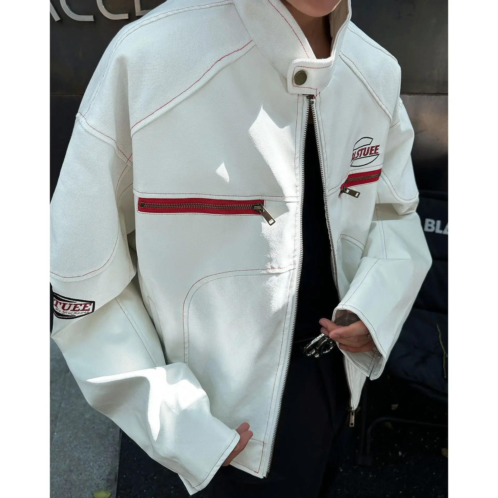 Fashion American Style White Stand Collar Leather Jacket For Men And Women Spring Autumn Loose Casual Motorcycle Workwear Ca 250210