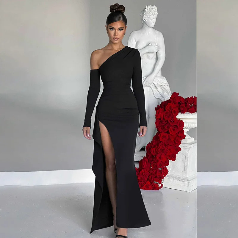 Slant Shoulder Long Sleeved Dress off Shoulder High Slit Sexy Evening Dress Elegant Fashionable Banquet Party Slim for Slimming 250218