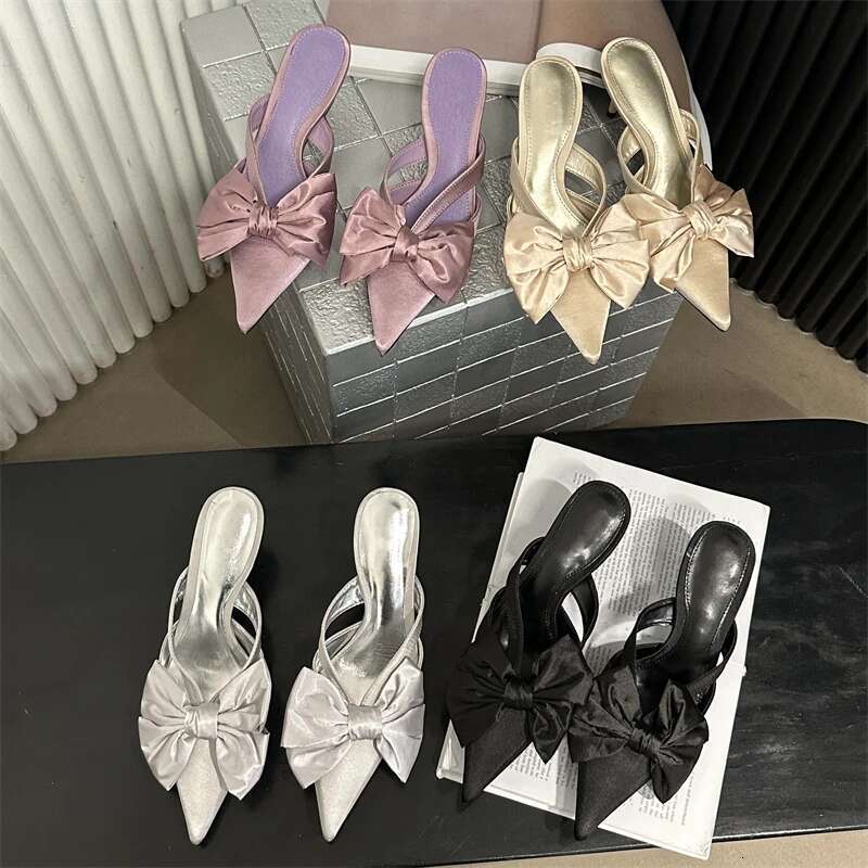 Spring Big Butterfly-knot Hollow Out Women Slippers Sandals Pointed Toe High Heel Pumps Mules Ladies Stripper Shoe