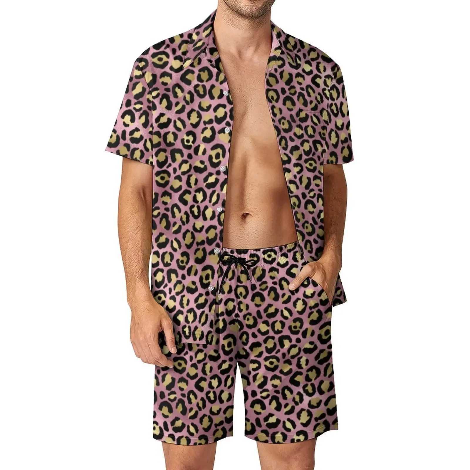 Leopard Animal Pattern Shirt 2Pcs Sets 3D Men Casual Fashion Sleeves Shirts Oversized Beach Shorts Hawaiian Streetwear SuitsXJ250218