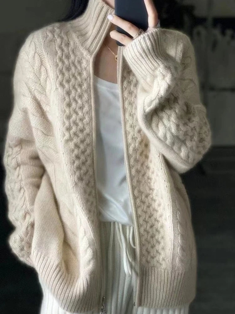 Autumn And Winter Thick Turtleneck Cashmere Knitted Cardigan Womens Loose Wool Sweater Cardigan Large Size Female Jacket Top 250214