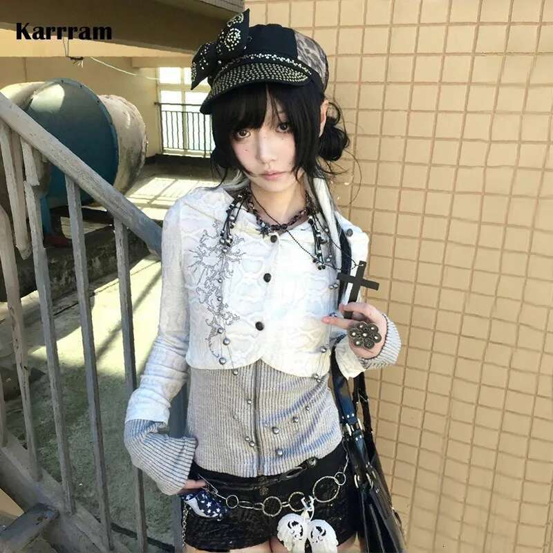 Karrram Japanese Y2k Fake Two-piece Knitted Tops Trashy 2000s Hooded Jacket Vintage Haruku Knitwear Grunge Aesthetics American