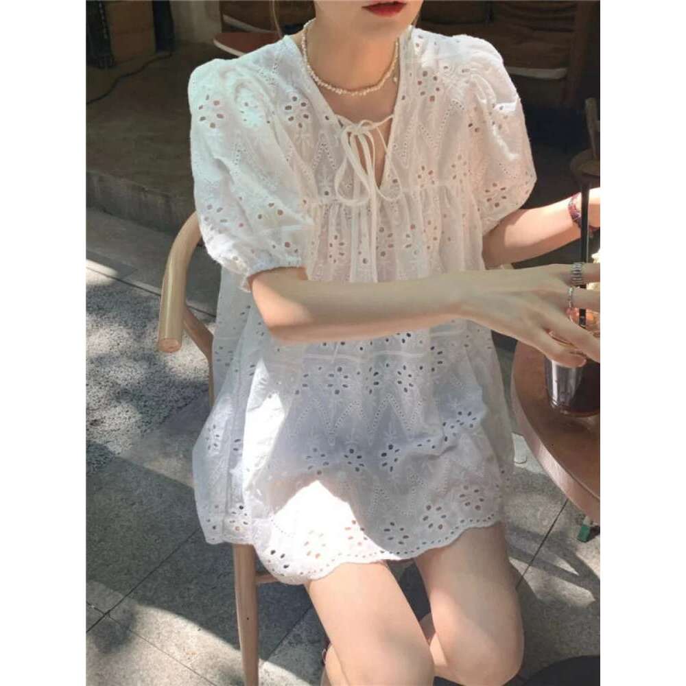 2024 Fashion Summer Sweet Puff Women Blouses New Elegant Shirts White Hollow Out Short Sleeve Tops