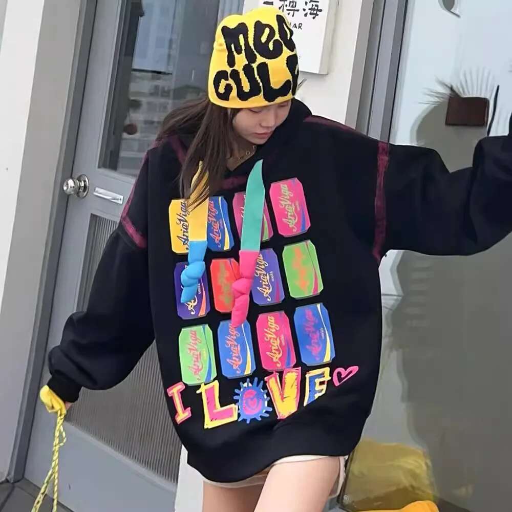 European Goods Graffiti Creative Design Oversized Hooded for Women 2024 Spring Autumn Mid-Length Sweatshirt Hoodie