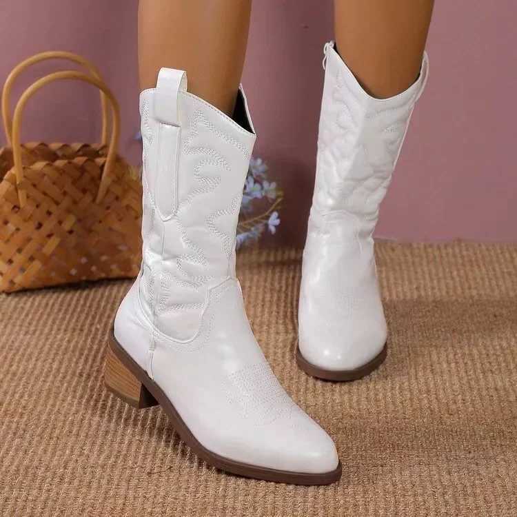 Women Fashion Zipper Knight Boots Ladies Autumn Thick Sole Chunky Heels Boots Pointed Toe Shoes Embroidered Cowboy 2024 Z250704