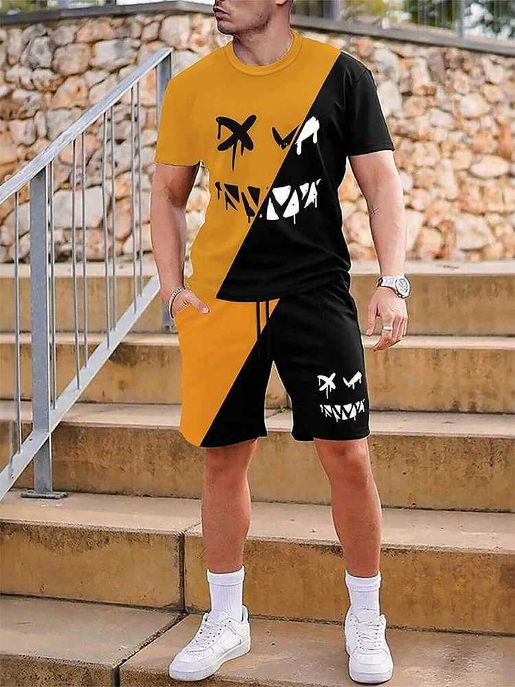 Cross Print Mens Crew Neck Short Sleeve Crew Neck Top And Shorts Urban Street Fashion Short Sleeve Top Outdoor Drawstring ShortXJ250218