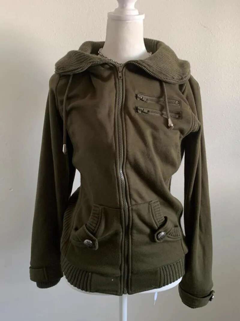 Vintage Stand Collar Slim Fit Hoodeis Solid Versatile Sweatshirts Double Zip Up Element Design Trend Jacket Veet Gothic