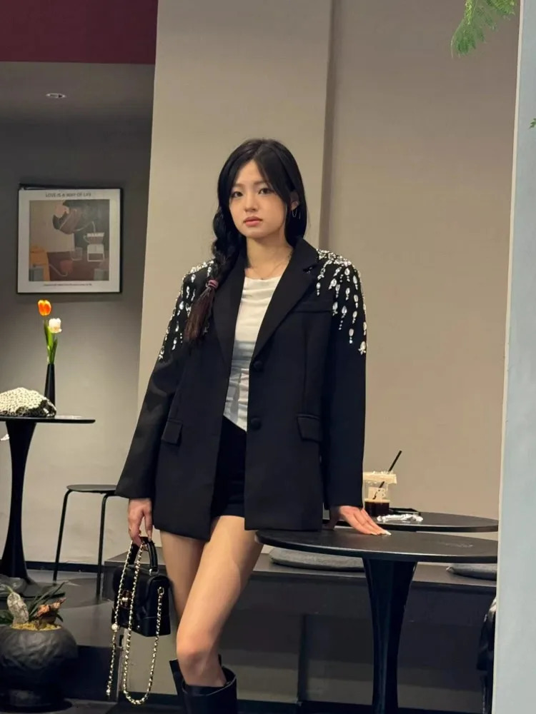 Autumn Women Diamonds Beading Loose Fit Mid Long Blazer Suit Coat Office Ladies Work Tops Boyfriend Style Party Jacket 250213