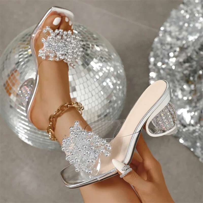 Fashion Pearl wer Women Slippers Design Style Square Toe Crystal Round Heels Shoes Summer Slides atos De Mujer