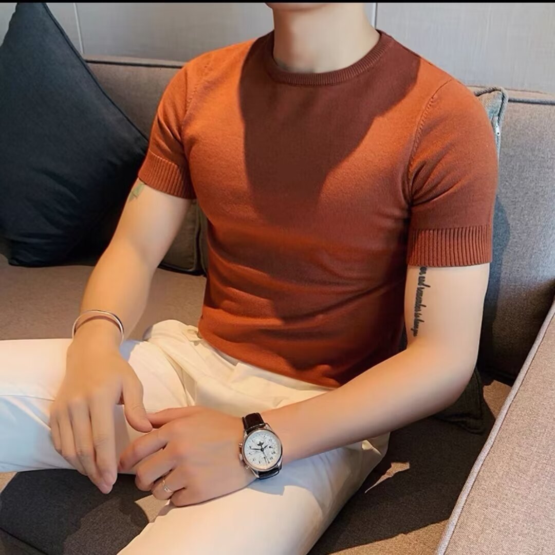 2025 New Solid Color Short Sleeved Casual Semi High Neck Designer T-shirt For Men's Spring Light Luxury Slim Fit Fashionable Short Sleeved T-shir