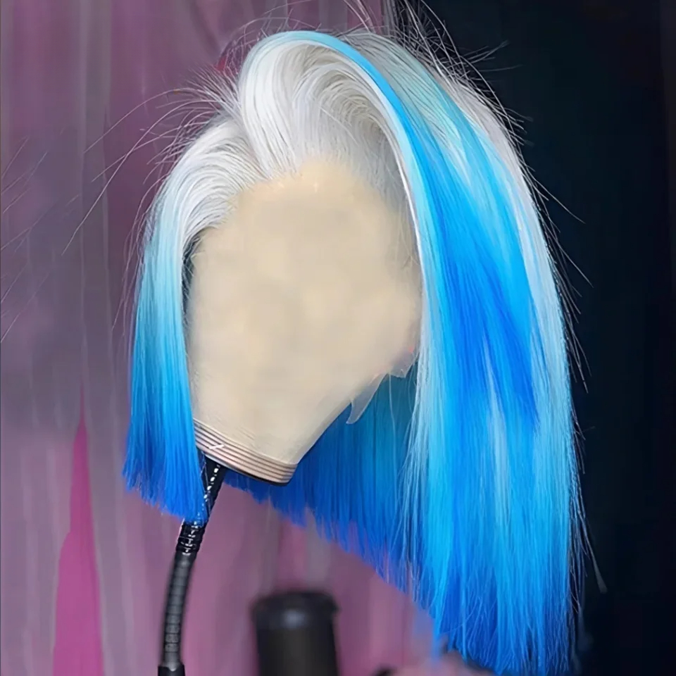 Free shipping Peruvian hair Blue 60 Platinum Colored Short Bob 13x4 Front Human Hair Wigs White Blonde HD Transparent Lace Frontal Wig