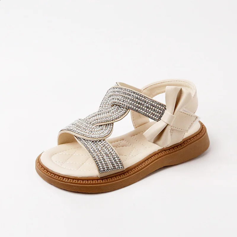 Girls Sandals Fashion Pearls Cute Bow Summer Princess Shoes Soft Flats Rhinestone Children Beach Kids Footwear Size 23-36 H06134 250219