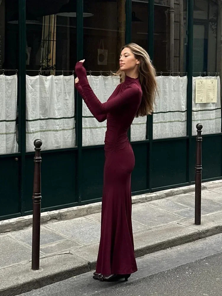 Lady Elegant Burgundy Mock Turtleneck Solid Maxi Dresses Fashion Long Sleeve Slim Hem Party Midi Robe Autumn Evening Dress Women 250218