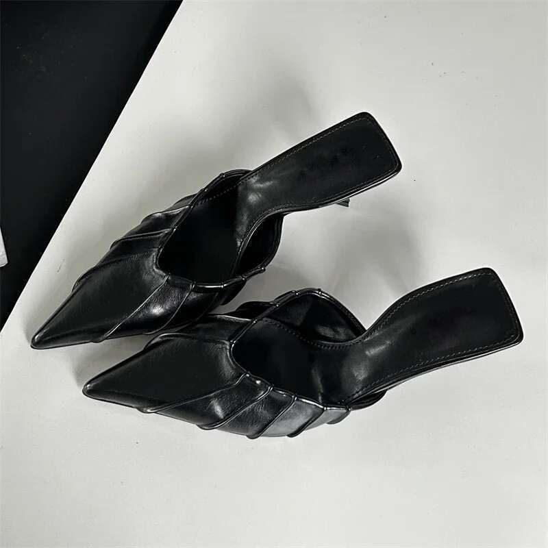 Spring Elegant Pleated Women Slipper Sexy Pointed Toe Thin Low Heels Sgback Mules Shoes