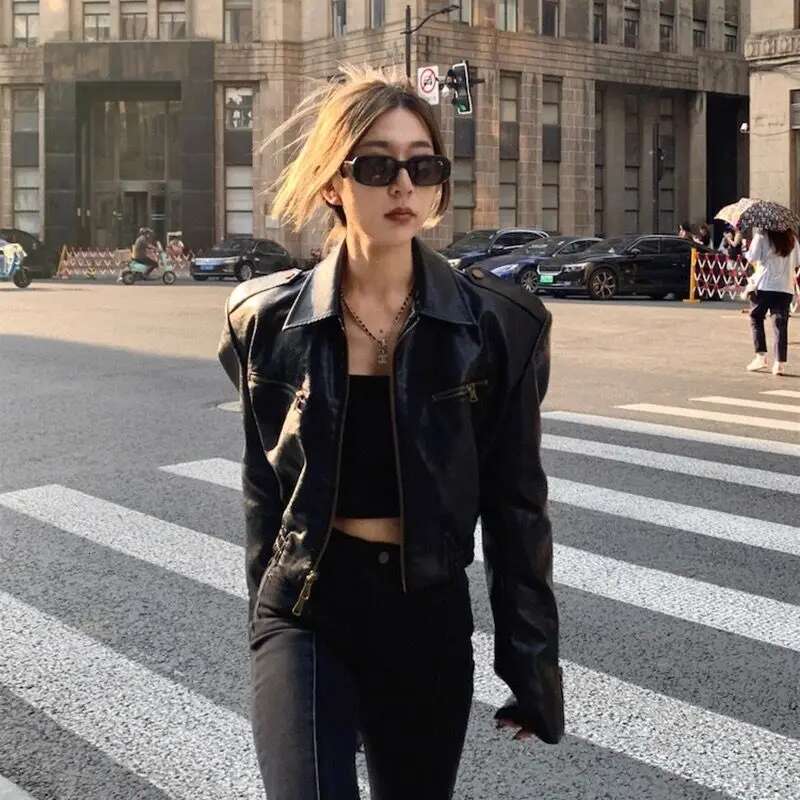 Vintage Pu Leather Motorcycle Bomber Jacket Double Zipper Long Sleeve Streetwear Autumn Short Tops Korean Chic Black Coat