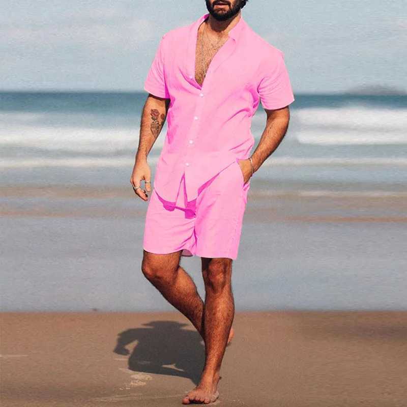 New Mens Hawaiian Set Summer Solid Color Stand Collar Short Sleeve Shirt Beach Shorts Streetwear High Quality 2-Piece Set 2023XJ250218