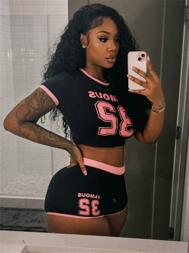 kliou Panelled Women 2 Piece Sets Matching Casual Tracksuits Summer Short Sleeve O-neck TeesSlim Mini Shorts Mujer Streetwear 250218