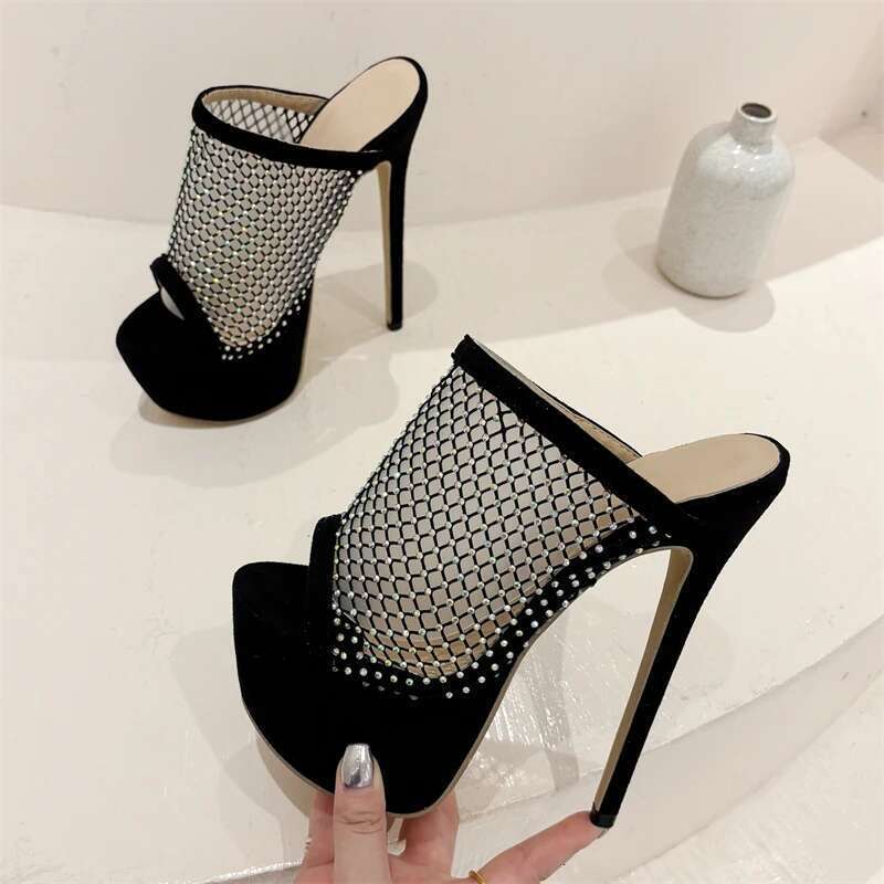 Design Peep Toe CRYSTAL Mesh Fabric Sexy Women Slippers Stiletto Platform High Heels Female Nightclub Shoes