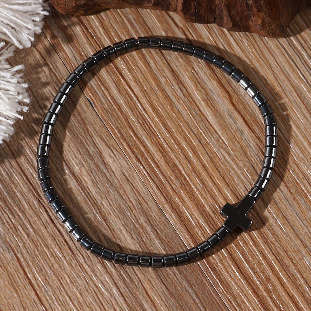 Gun colored cydrical black gallstones handmade men's cross elastic rope bracelet