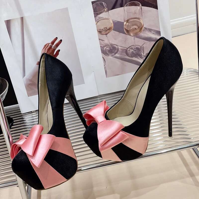 Fashion Extreme Butterfly-knot Platform Pumps Women Ultra High Stiletto Heels Round Toe Party Wedding Stripper Shoes