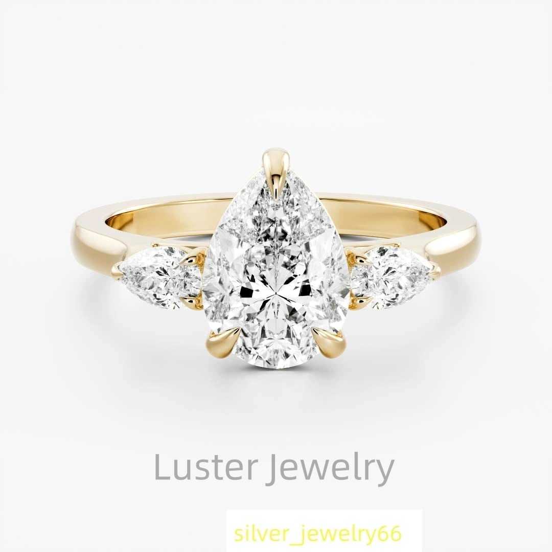 Luster Fine Jewelry Engagement 1.5ct D White Moissanite 10K 14K 18K Gold High Quality Pear Cut Moissanite Three Stone Ring