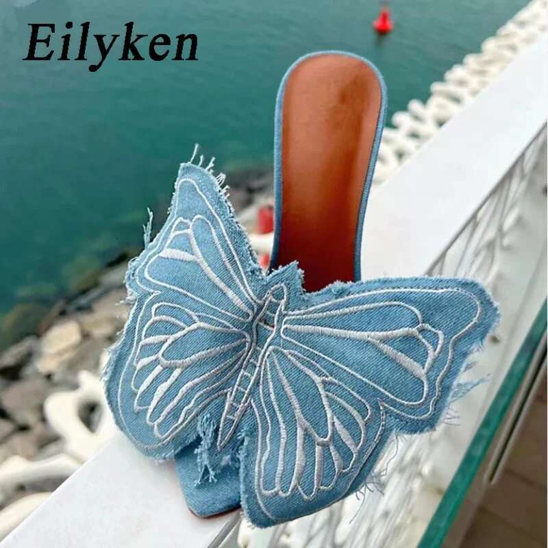 Sexy Denim Butterfly wer Thin Heels Slipper Women Summer Fashion Pointed Toe Slides Stripper Party Mule Shoes