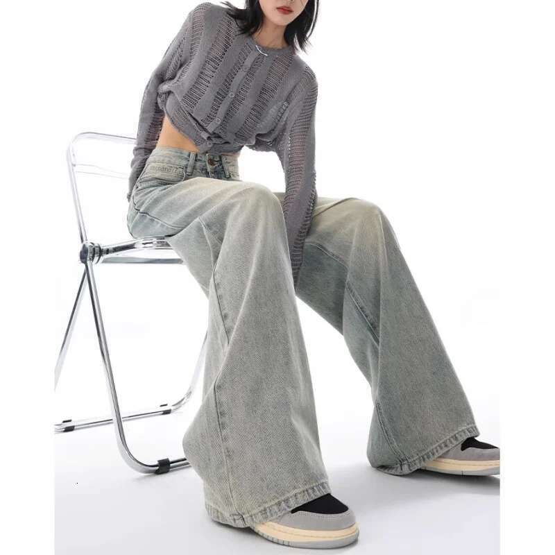 2025 NEW Y2k Blue Jeans For Women Quality High Waist American Street Wide Leg Pants Hip Hop Vintage Straight 2025 Autumn Trousers