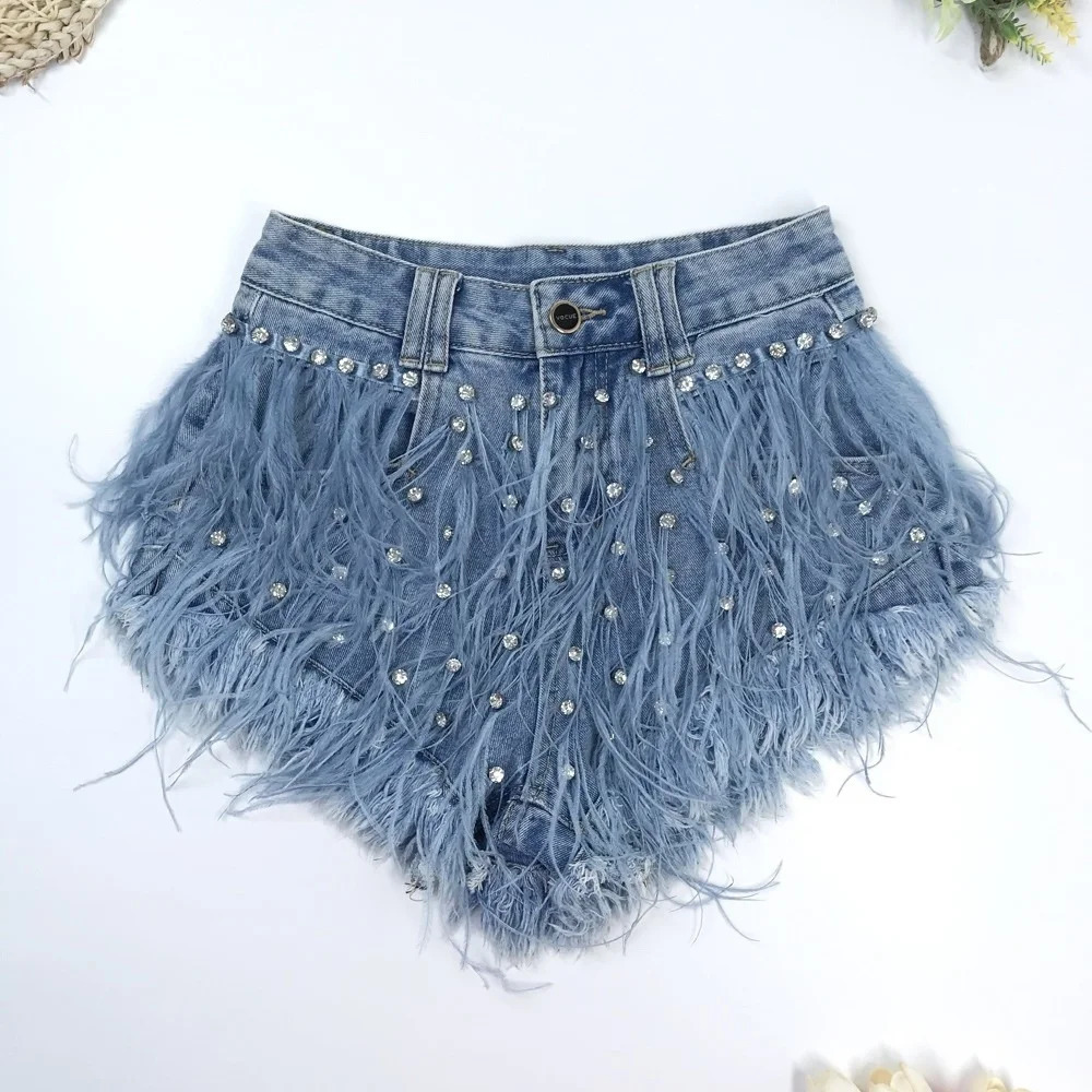 Rhinestone Beaded Exquisite Feather High Waist Denim for Womens Blue Jeans Shorts DS Nightclub Sexy Pants Fashion 250217