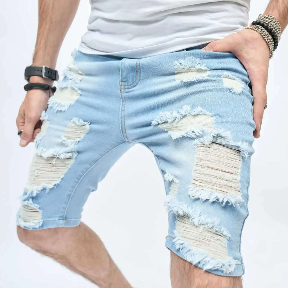Ripped Shorts Men Summer Streetwear Slim Fit Ripped Denim Shorts Stylish Holes Solid Casual Straight Jeans Male Five-Point Pants