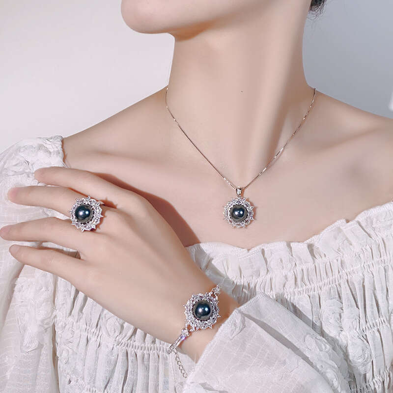 New jewelry set live broadcast, gray pearl open ring necklace bracelet, fashionable style, high-end feel for women