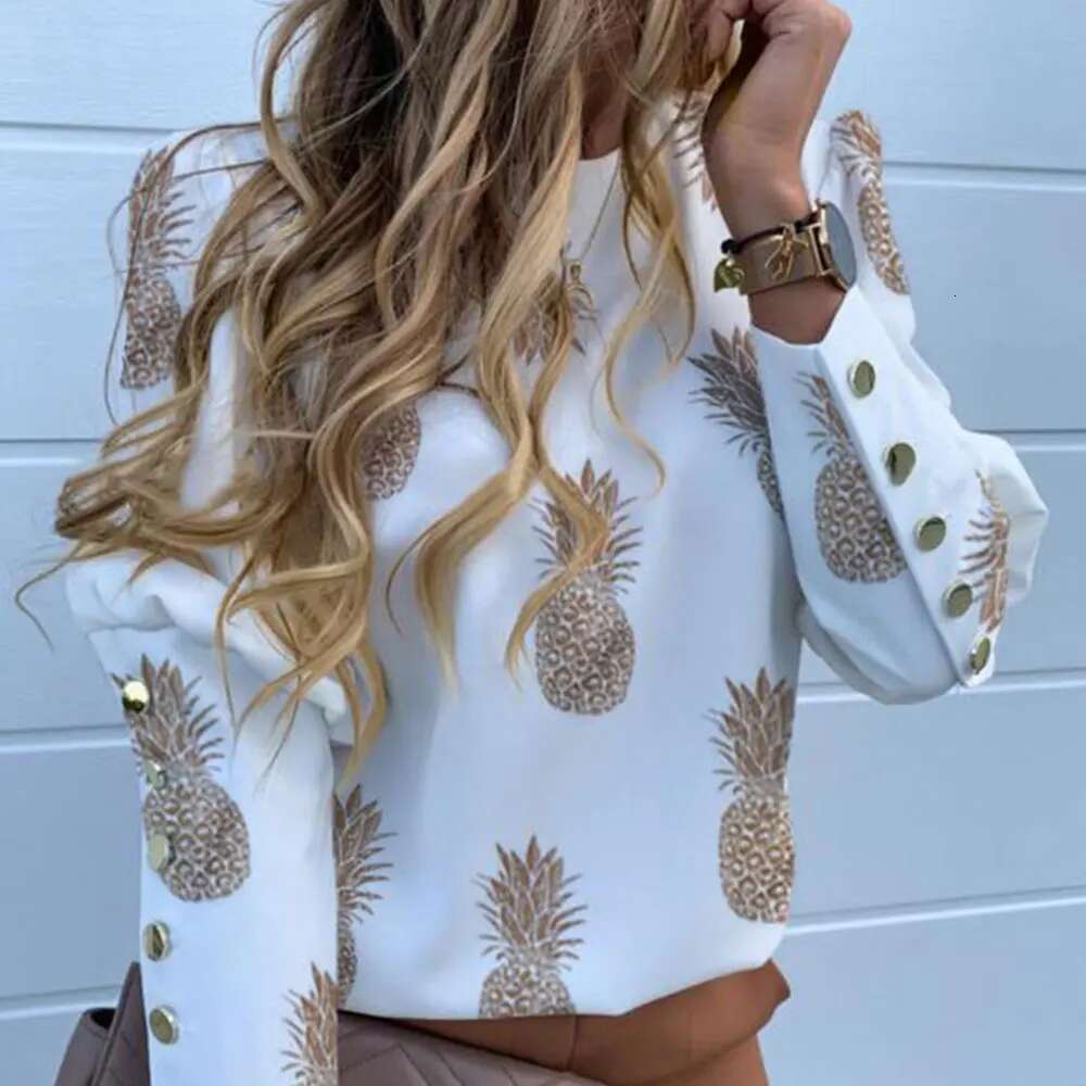 Jocoo Jolee Women Metal Buttons Long Sleeve Blouse Office Lady Shirt Pineapple Print Tops Oversized Casual Loose Blouses