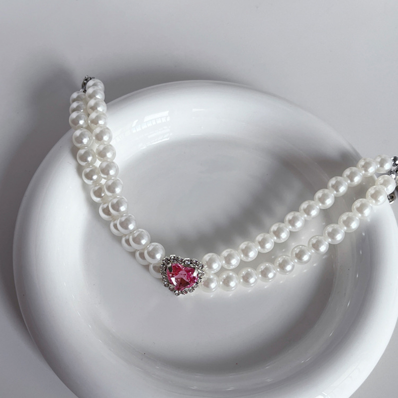 Luxury Double Row Pearl Dog Necklace with Big Pink Heart-Shaped Rhinestones Decorative, Pet Neck Decoration for Small Medium Dogs, Adjustable Pet Neck