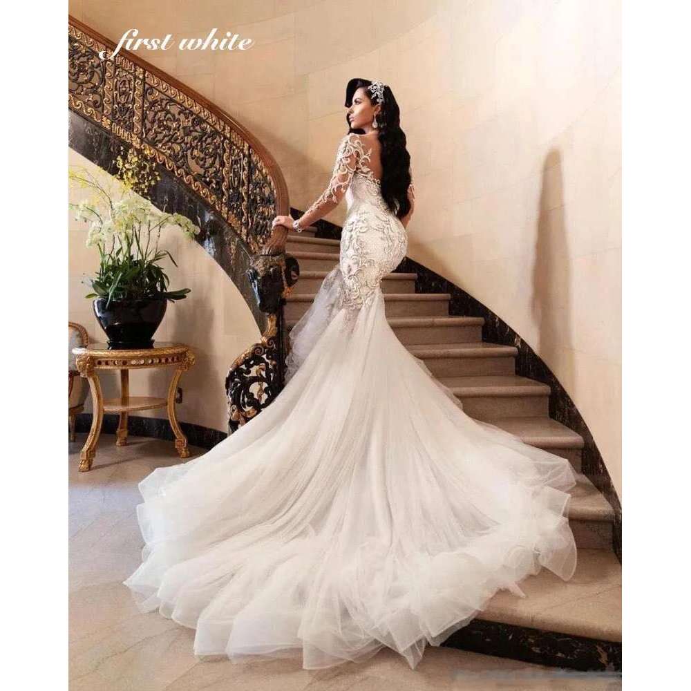 White Lace Mermaid Wedding Dress Long Sleeve Sweetheart Bridal Gowns Africa Women Customized Appliques Vestido de Novia