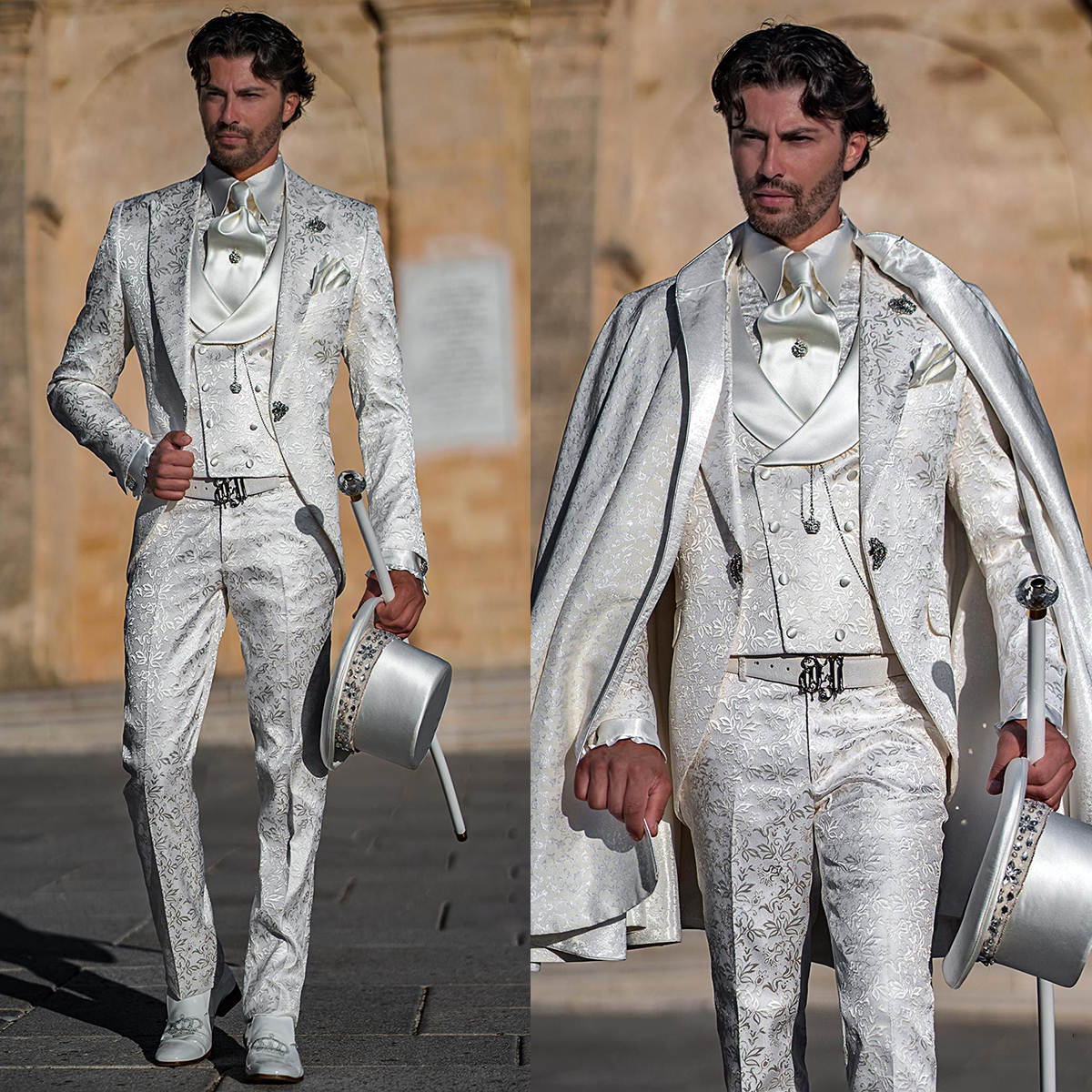 Gorgeous Wedding Tuxedos Jacquard Men Suits Peaked Lapel 4 Piece Set Jacket Vest Pants Wrap Handsome Groom Blazers Customized