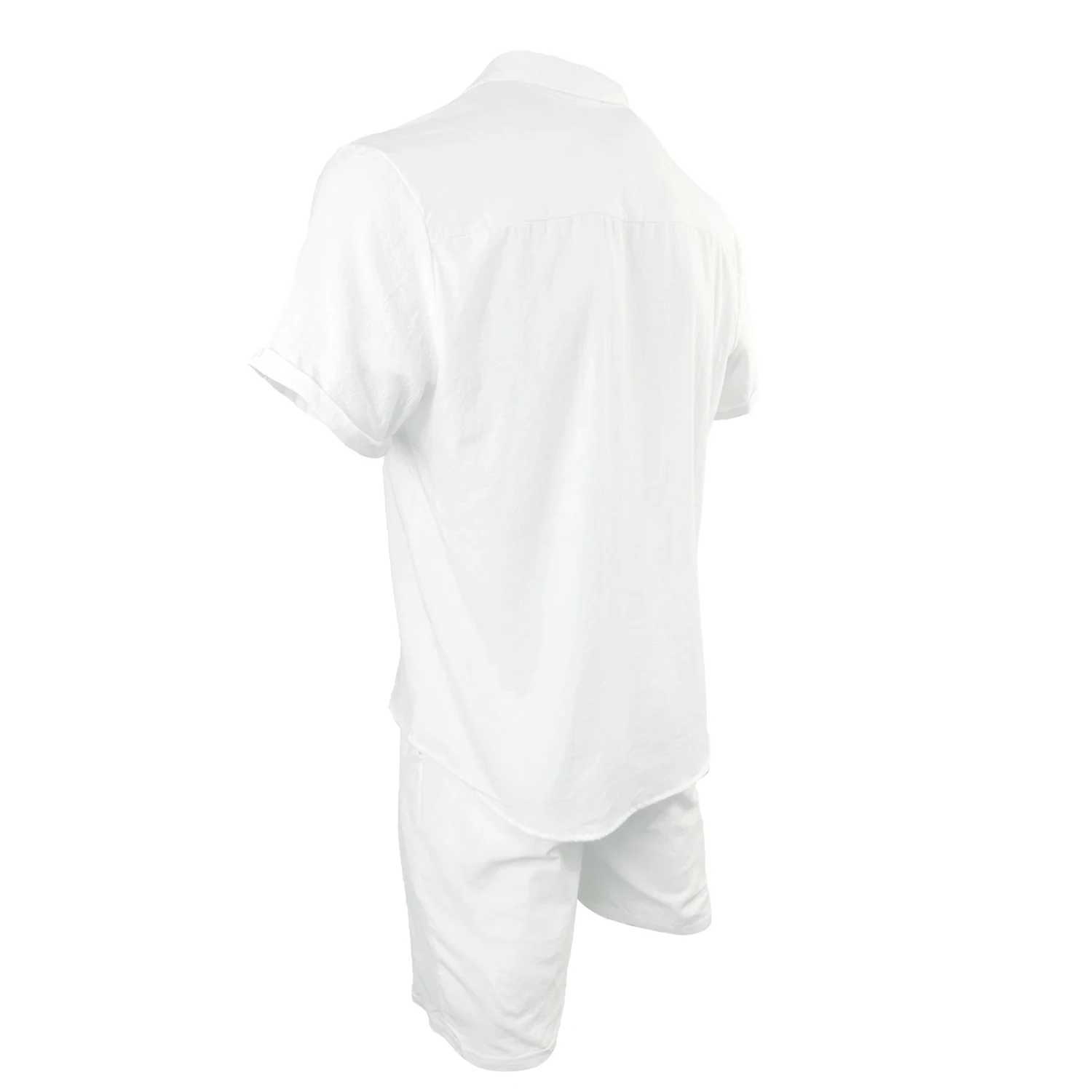 Cotton Linen Shirt Set Mens Hawaii Pleated Pocketed Loose Cuban Collar Breathable Comfortable White Men Outdoor Leisure SetXJ250218