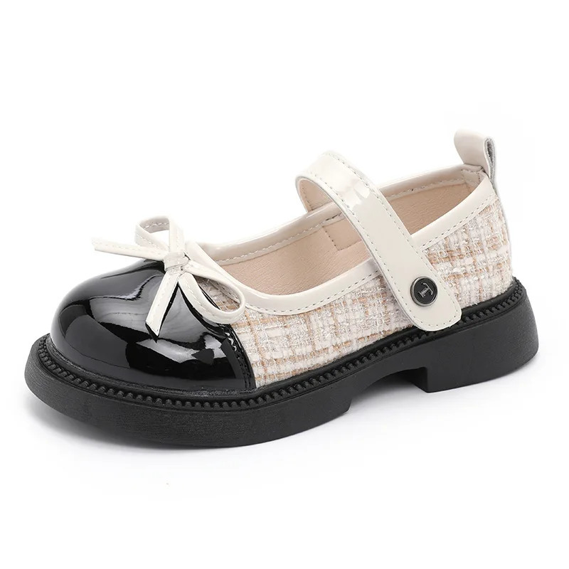 Girls Patchwork Black Leather Shoes Autumn Butterfly-knot Lolita Children Mary Janes Elegant Round Toe Comfort Kids Shoes H07164 250219