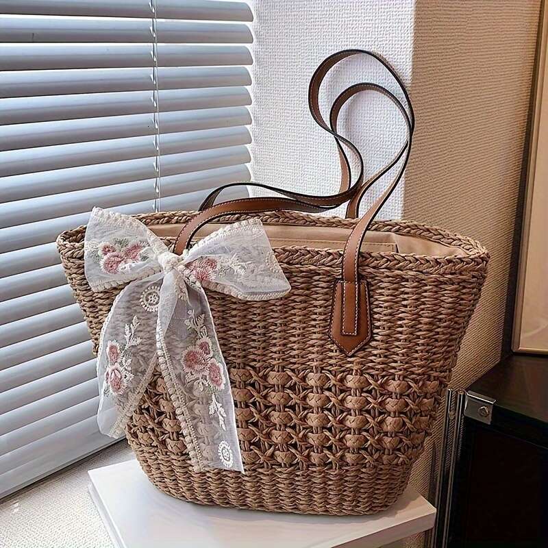 1pc Bohemian Style Handmade Straw Tote Bag for Women, Large Capacity Rattan Weave Basket with Zipper Closure, Beige and Khaki