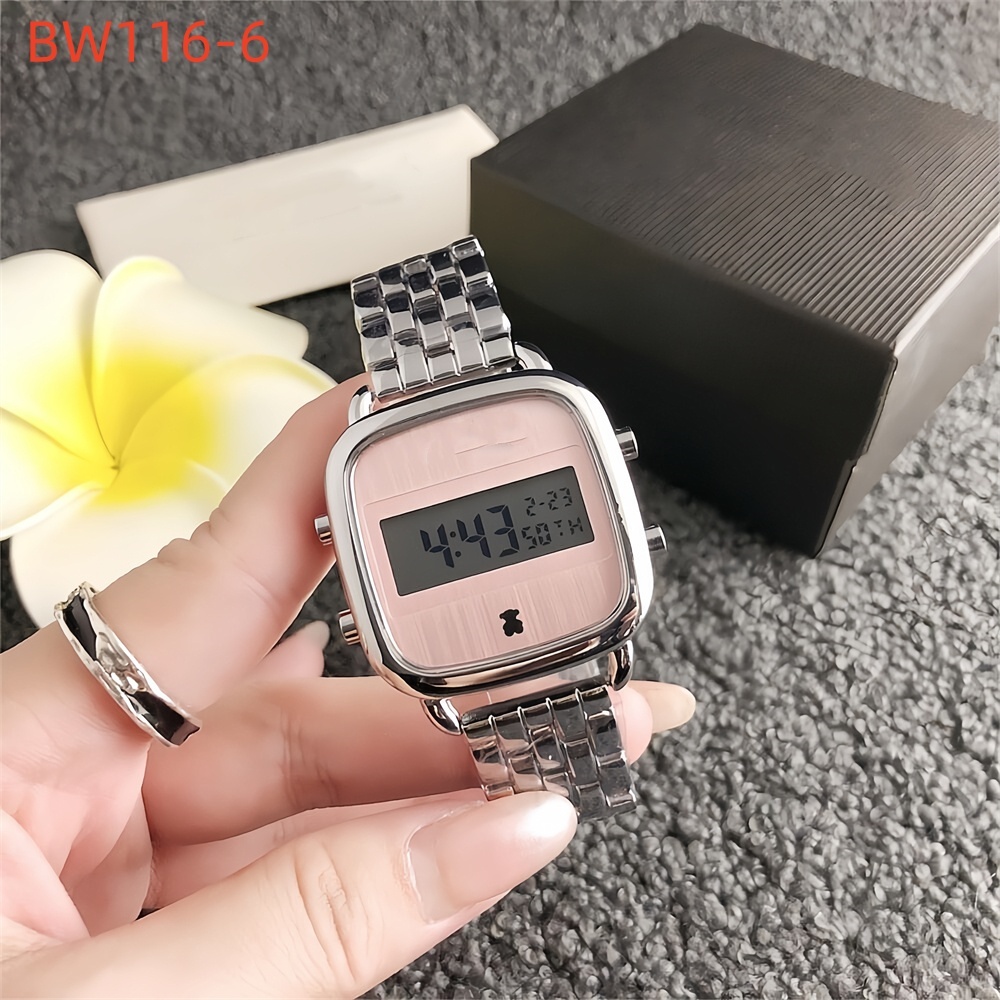 New Women Men Silver Rose Gold Stainless Steel Bear Electronic Watch Square Four Pink Bracelets Pulsera Span Jewelry A Gift