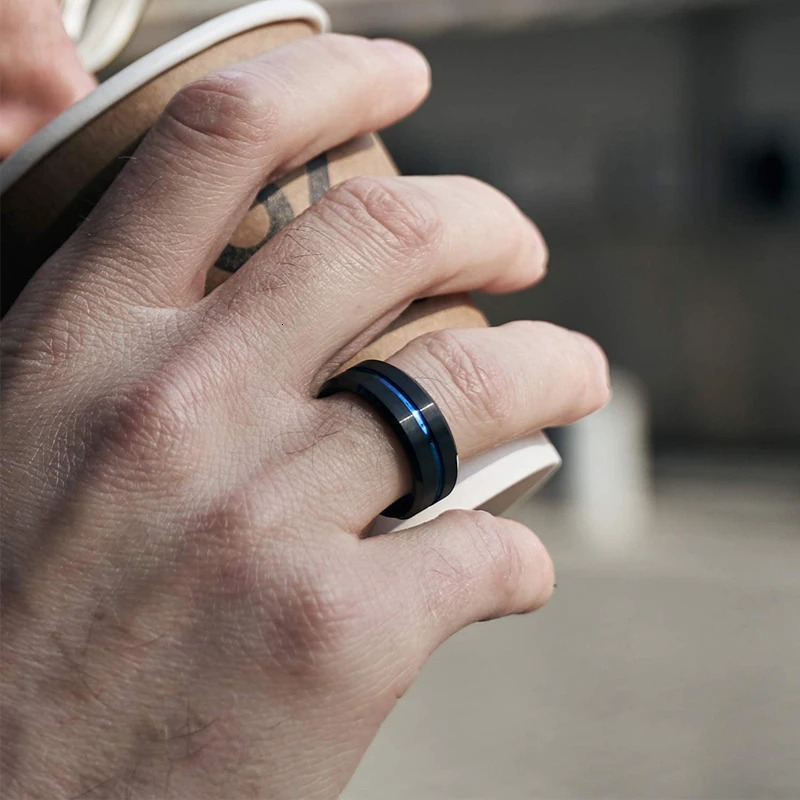 TIGRADE 8mm Men Black Tungsten Carbide Ring Thin Blue Line Wedding Band Vintage Men Jewelry Anime Anel Masculino Aneis Size 6-15 250218