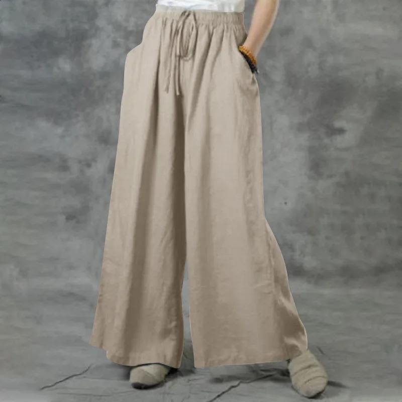 Summer Loose Size Casual Wide-Leg Pants Solid Color Cotton Linen Elastic Waist Pants Ladies Street Drawstring Trousers 250218
