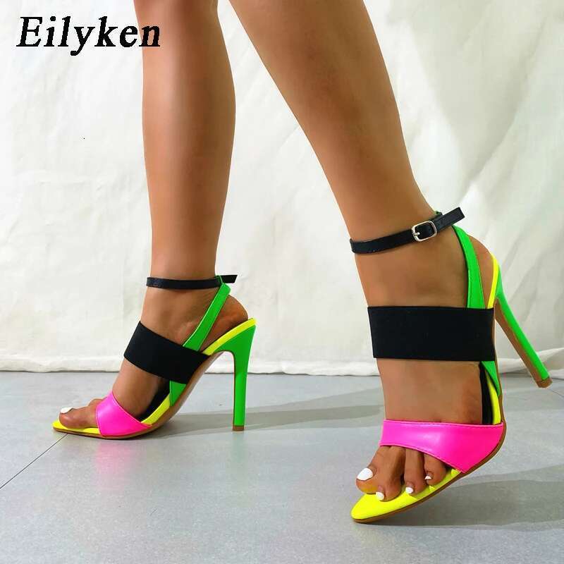 Sexy Pointed Toe High Heels Women Sandal Fashion Mixed Color Buckle Strap Slides Summer Party Stripper Shoes Sandalias