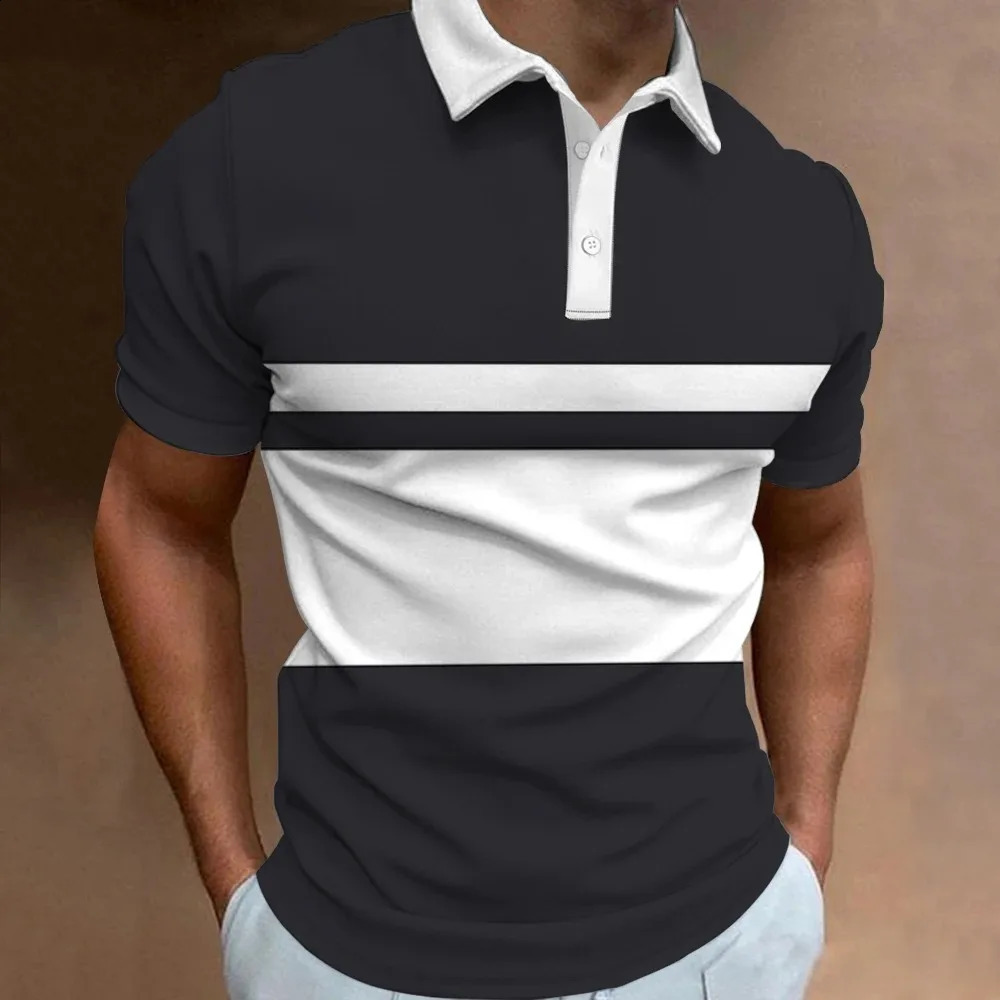 MenS Polo Shirt Stripe Print Simple Male Clothing Summer Casual Short Sleeve Loose Oversize Fashion Breath Sweatshirt 250219
