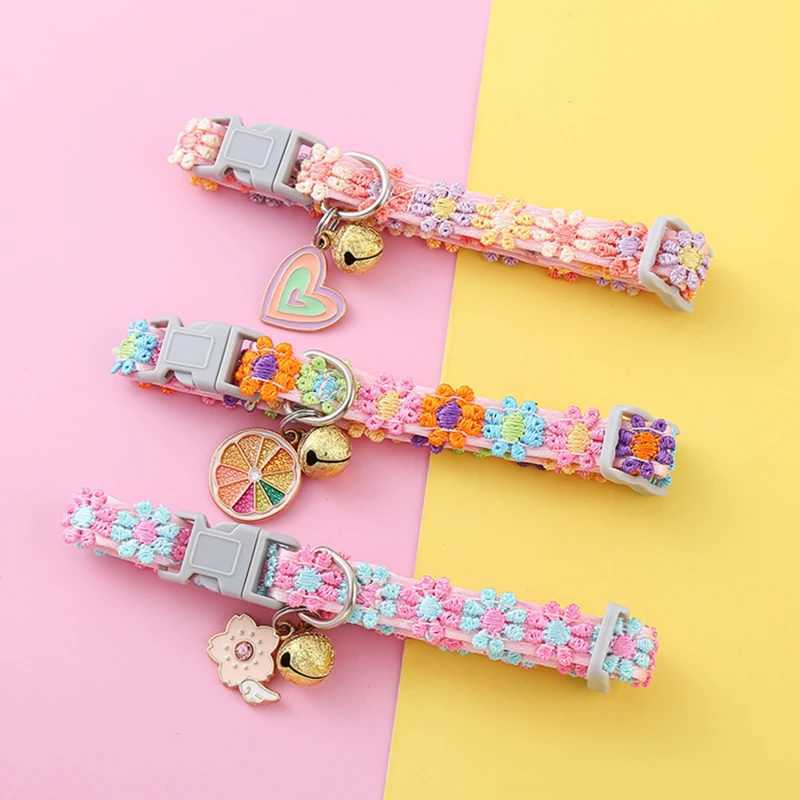 Fashionable Rainbow Flower Cat Collar with Bell Small Cat and Dog Necklace with Adjustable Buckle Colorful Lace Small Cat Collar Dog Accessories W2502