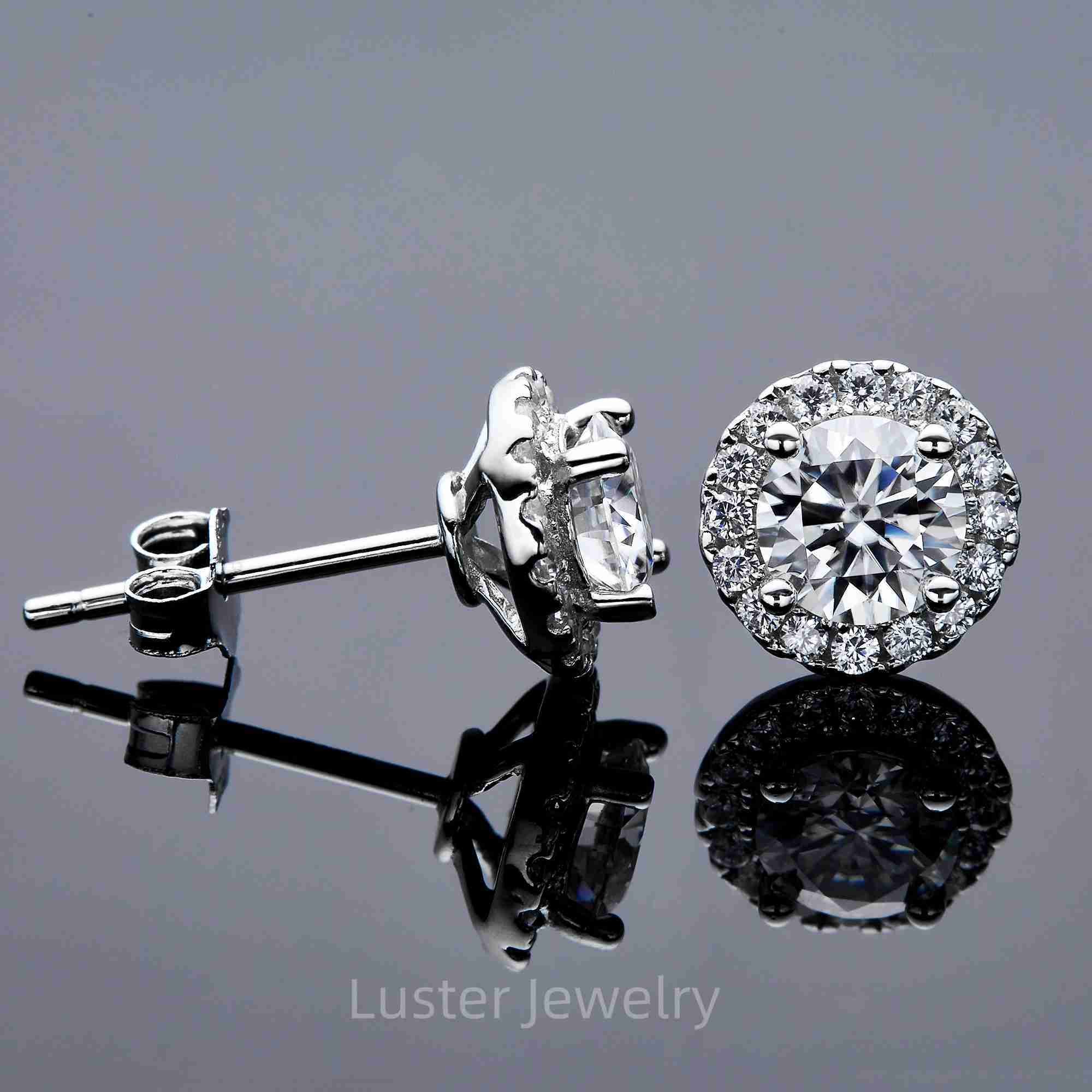Luster Classic Halo Moissanite Round Bezel Setting 5mm 0.5ct VVS Moissanite Stud Earrings 925 Sterling Silver for Women