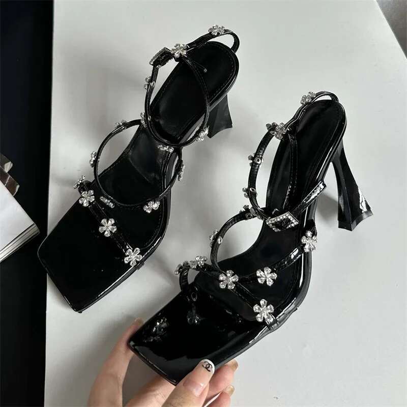 Summer Narrow Band Crystal Buckle Strap Sandals Womens High Heels Shoes Sexy Square Toe Party Dress atos Mujer