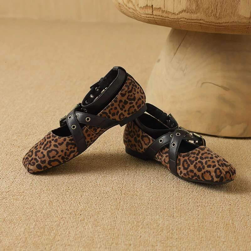 Genuine women ballet flats suede leather rivet leopard shoes